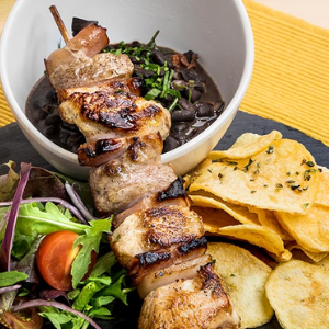 Pork and Turkey Kebabs with Black Beans and Chips
