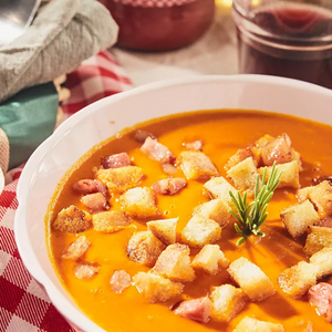 Pumpkin and Tomato Cream with Croutons and Bacon