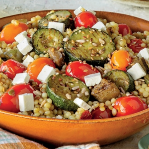 Grilled vegetable salad with feta cheese and mint