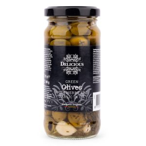 Delicious Green Olives with Herbs and Garlic in Oil 215g
